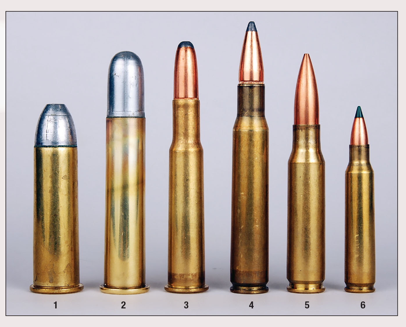 These are Mike’s handloads for the six U.S. military cartridges covered here: (1) 50 Gov’t (50-70), (2) 45 Gov’t (45-70), (3) 30 Army (30-40 Krag), (4) 30 U.S. M1906 (30-06), (5) 7.62mm NATO (308 Winchester) and (6) 5.56mm (223 Remington).